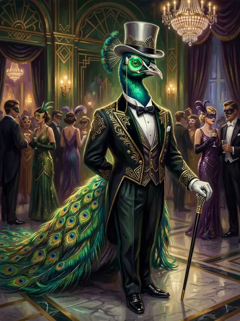 Lord Argus, an anthropomorphic peacock in a 1920s tailcoat